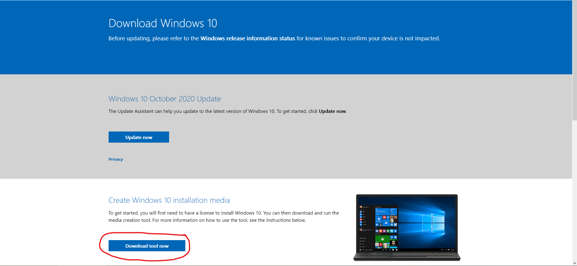 Media Creation Tool Download page